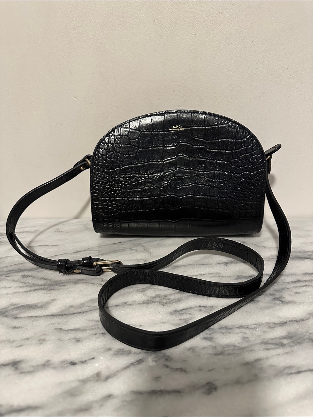 A.P.C. Black Crocodile Embossed Demi Lune Crossbody Shoulder Bag